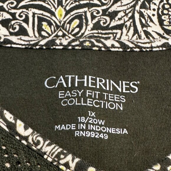 Catherines Easy Fit Tees Collection 1X Olive Green Beige Paisley V-Neck Top - Picture 3 of 10